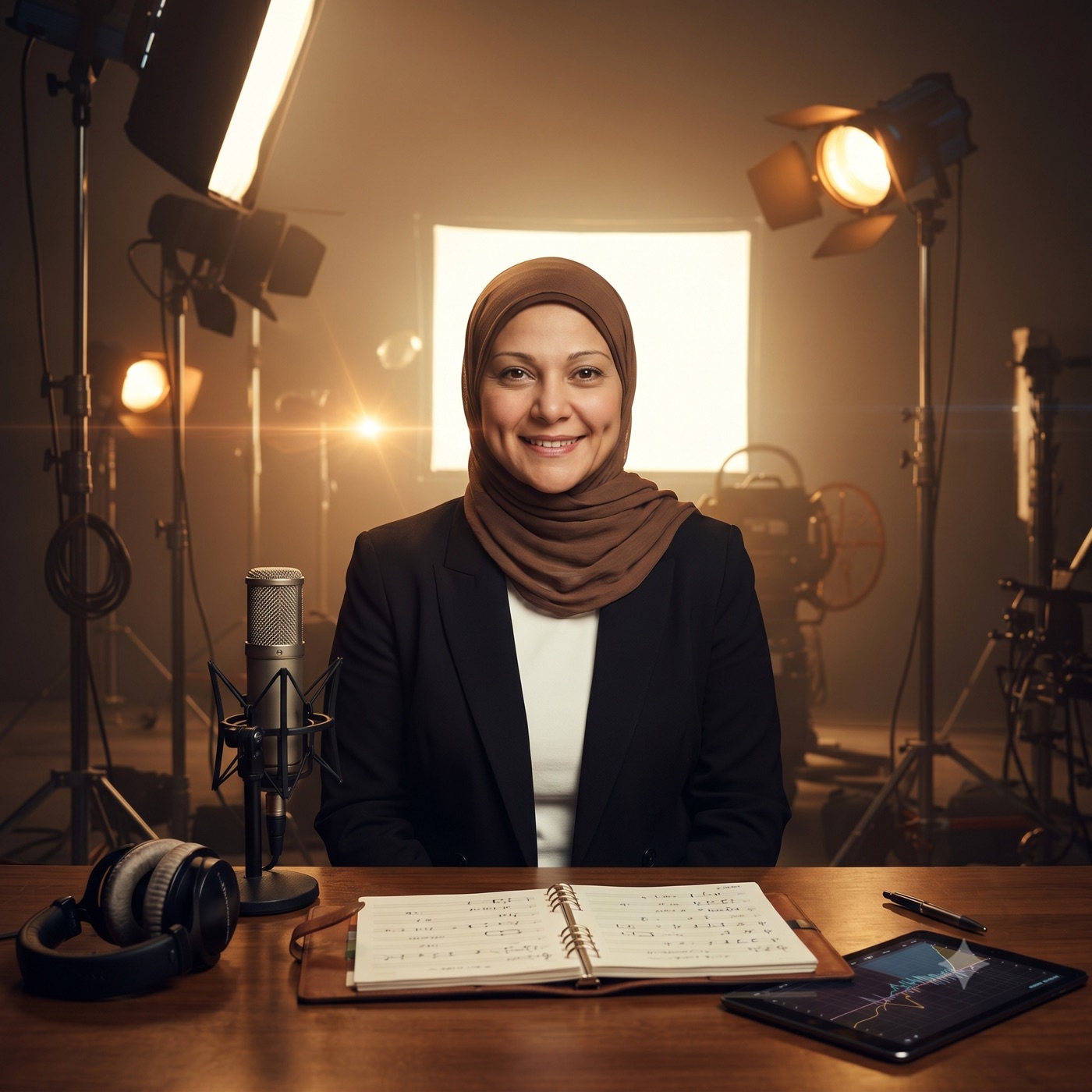 د. سماح إسماعيل داخل استديو التسجيل أمام ميكروفون ودفتر نوتة موسيقية